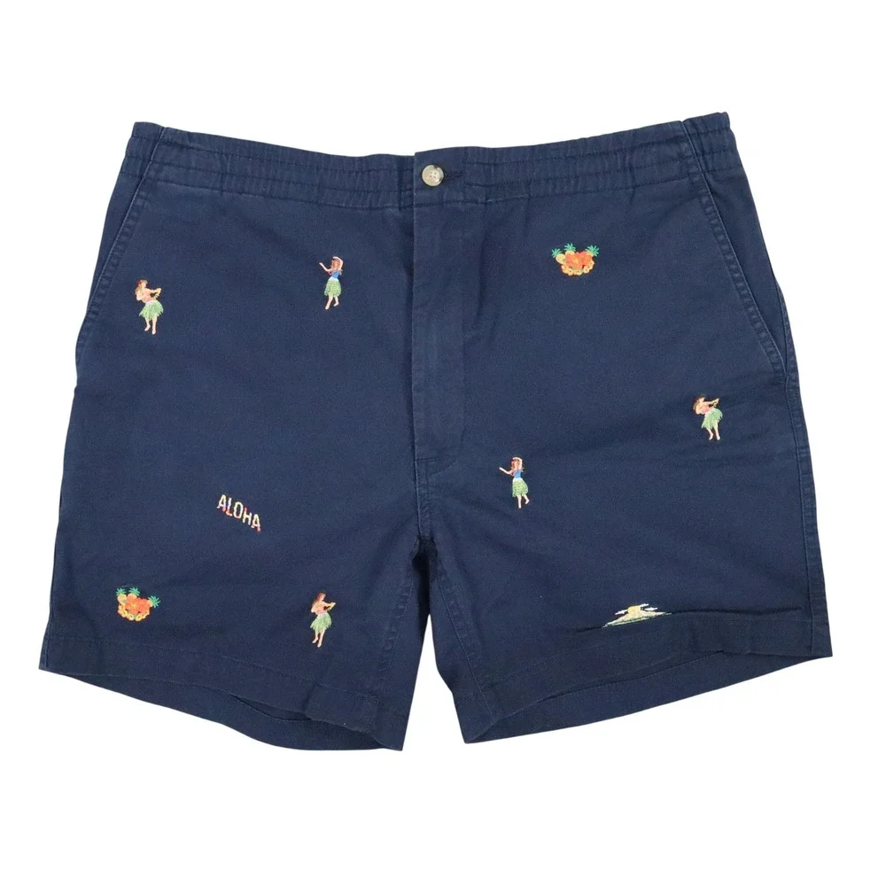 Polo Ralph‎ Lauren Hula Girl Embroidered Shorts Mens L Navy Blue Y2K Classic Fit
